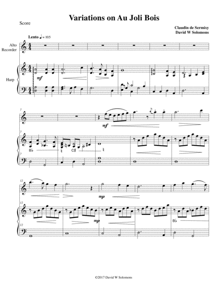 Free Sheet Music Variations On Au Joli Bois For Alto Recorder And Harp