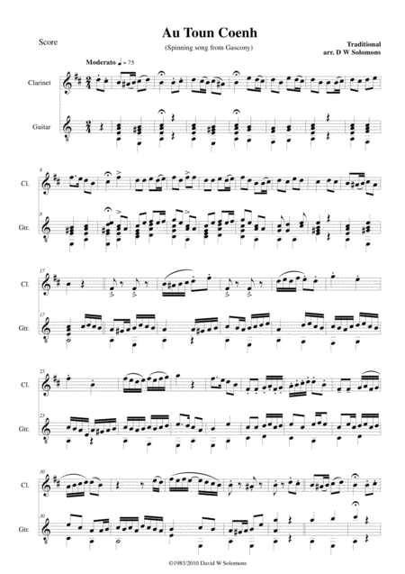 Free Sheet Music Variations On Au Toun Coenh For Clarinet And Guitar