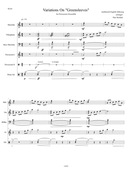 Variations On Green Sleeves For Percussion Ensemble Sheet Music