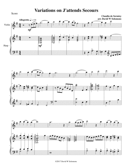 Free Sheet Music Variations On J Attends Secours For Violin And Harp