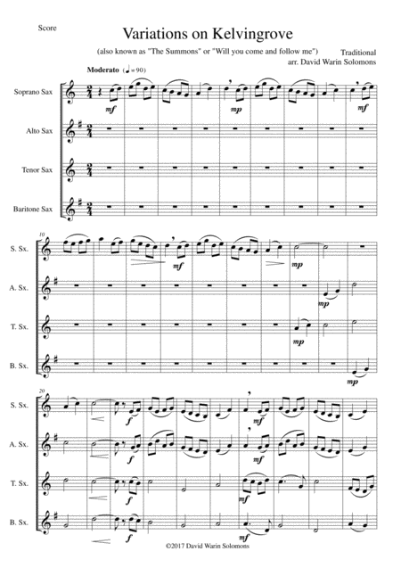 Variations On Kelvingrove Also Known As The Summons Or Will You Come And Follow Me For Saxophone Quartet Sheet Music