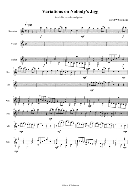 Variations On Nobodys Jigg Trio For Alto Recorder Violin Guitar Sheet Music