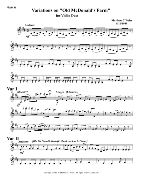 Free Sheet Music Variations On Old Mcdonalds Farm Violin 2