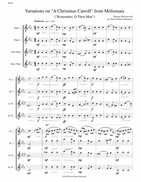 Variations On Remember O Thou Man A Christmas Carroll From Ravenscrofts Melismata For Flute Quartet 2 Flutes Alto Flute And Bass Flute Sheet Music