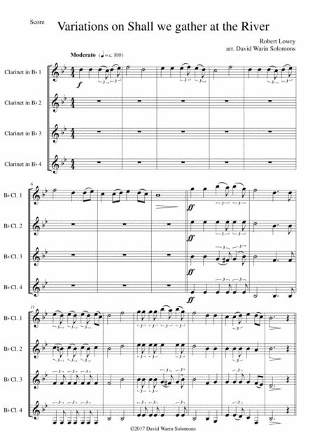 Free Sheet Music Variations On Shall We Gather At The River For Clarinet Quartet 4 B Flat Clarinets Or 3 Clarinets And 1 Bass Clarinet