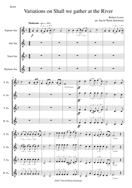 Variations On Shall We Gather At The River For Saxophone Quartet Sheet Music