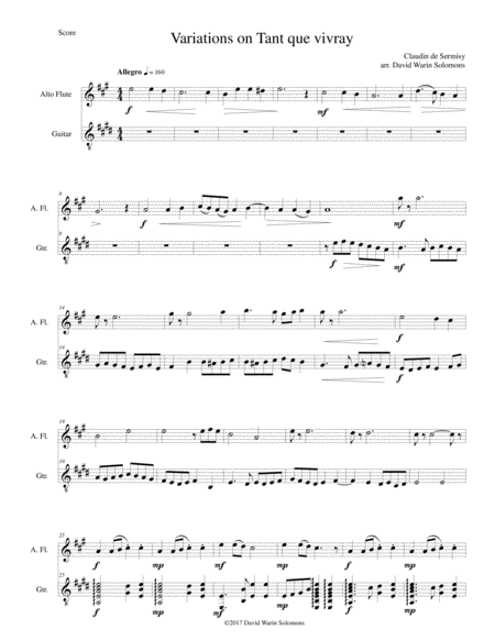 Variations On Tant Que Vivray For Alto Flute And Guitar Sheet Music