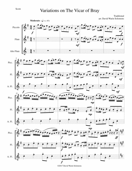 Free Sheet Music Variations On The Vicar Of Bray For Flute Trio Piccolo Flute And Alto Flute