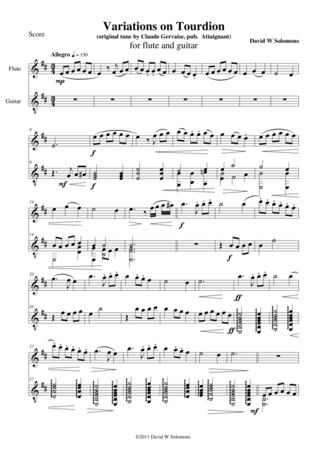 Free Sheet Music Variations On Tourdion Quand Je Bois Du Vin Clairet For Flute And Guitar