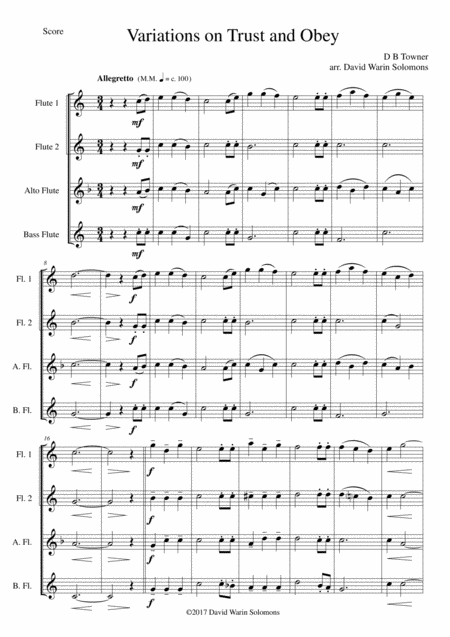 Free Sheet Music Variations On Trust And Obey For Flute Quartet 2 C Flutes Alto Flute Bass Flute