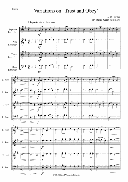 Free Sheet Music Variations On Trust And Obey For Recorder Quartet