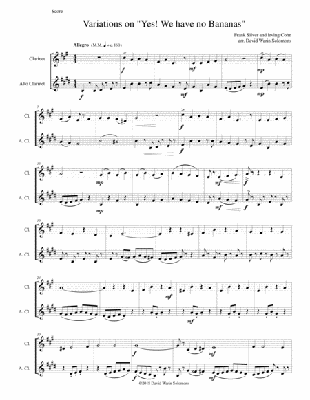 Variations On Yes We Have No Bananas For Clarinet And Alto Clarinet Sheet Music