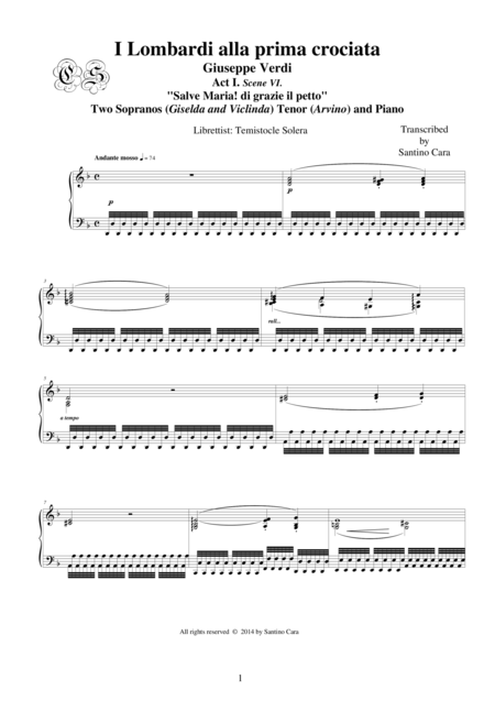 Verdi I Lombardi Alla Prima Crociata Act1 Vi Salve Maria Two Sopranos Tenor And Piano Sheet Music