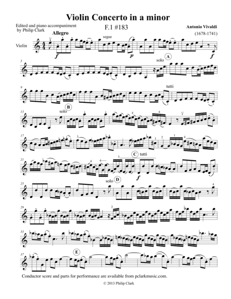 Violin Concerto In A Minor F1 183 Violin Part Only Sheet Music