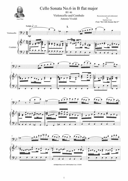 Vivaldi Cello Sonata No 6 In B Flat Op 14 Rv 46 For Cello And Cembalo Or Piano Sheet Music