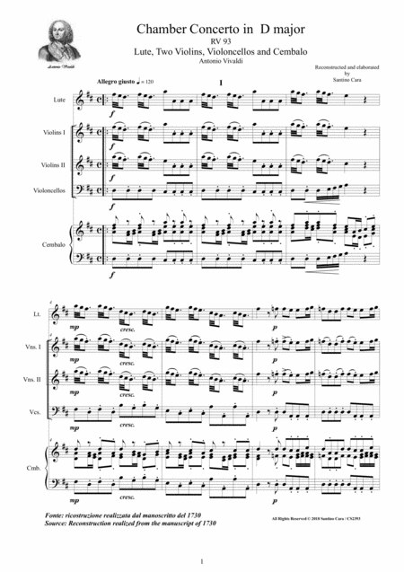 Free Sheet Music Vivaldi Chamber Concerto In D Major Rv 93 For Lute Two Violins Cellos And Cembalo