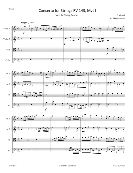 Vivaldi Concerto For Strings Rv 143 Mvt I Arr For String Quartet Sheet Music