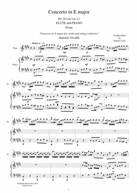 Free Sheet Music Vivaldi Concerto In E Major Rv 265 Op 3 No 2 For Flute And Piano