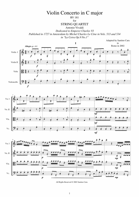 Vivaldi Concerto No 1 Op 9 In C Major Rv181 For String Quartet Sheet Music