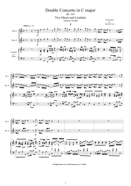 Free Sheet Music Vivaldi Double Concerto In C Major Rv 534 For Two Oboes And Cembalo Or Piano