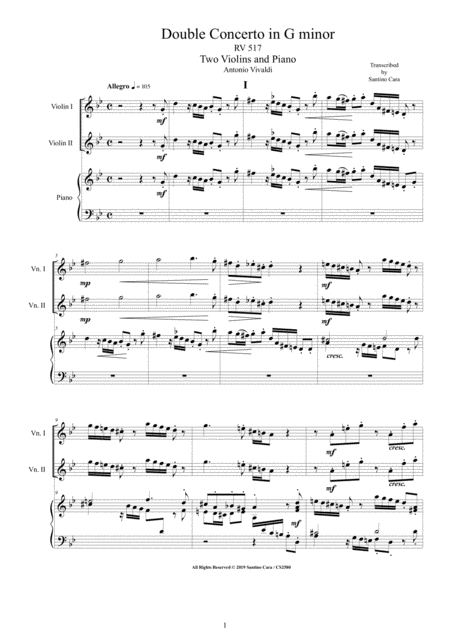 Vivaldi Double Concerto In G Minor Rv 517 For Two Violins And Piano Sheet Music