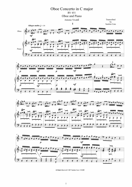 Vivaldi Oboe Concerto In C Major Rv 451 For Oboe And Piano Sheet Music