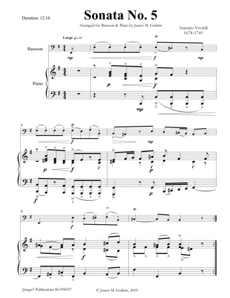 Vivaldi Sonata No 5 For Bassoon Piano Sheet Music