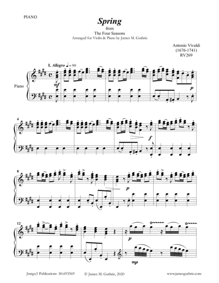 Vivaldi Spring From The Four Seasons For Violin Piano Sheet Music