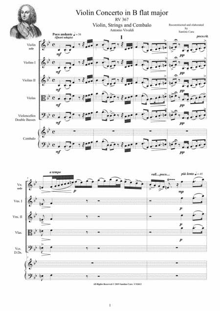 Vivaldi Violin Concerto In B Flat Major Rv 367 For Violin Strings And Cembalo Sheet Music