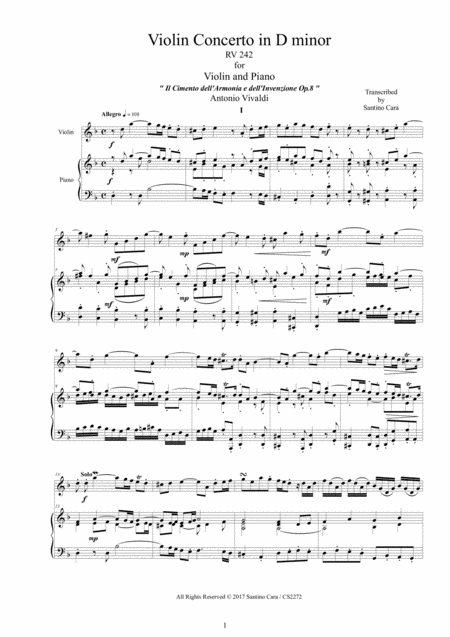 Free Sheet Music Vivaldi Violin Concerto In D Minor Rv 242 Op 8 No 7 For Violin And Piano