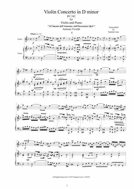 Vivaldi Violin Concerto In D Minor Rv 242 Op 8 No 7 For Violin And Piano Sheet Music