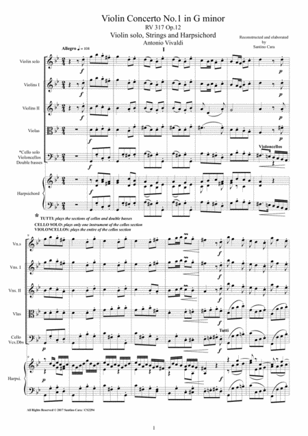 Vivaldi Violin Concerto No 1 In G Minor Rv 317 Op 12 For Violin Strings And Harpsichord Sheet Music