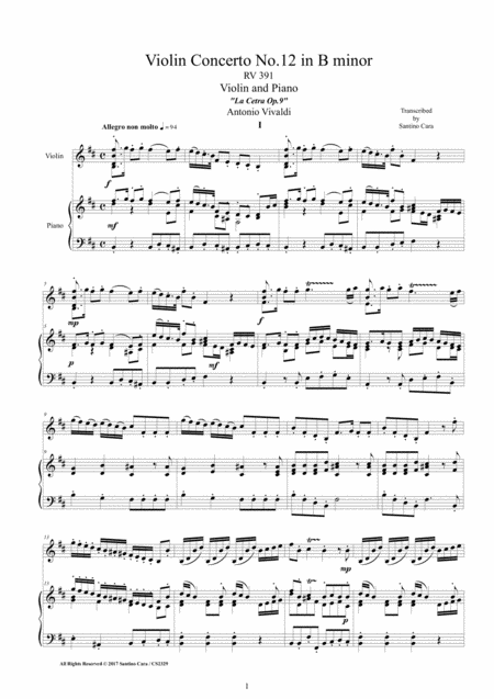 Vivaldi Violin Concerto No 12 In B Minor Rv 391 Op 9 For Violin And Piano Sheet Music