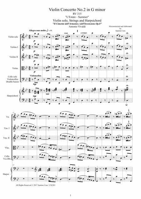 Free Sheet Music Vivaldi Violin Concerto No 2 In G Minor Rv 315 Summer Op 8 For Violin Strings And Harpsichord