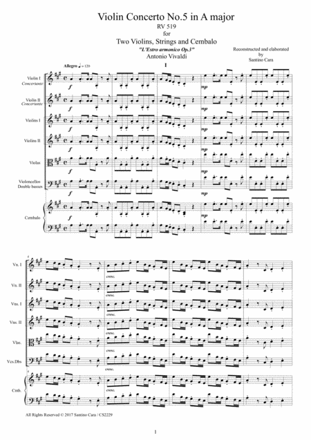 Vivaldi Violin Concerto No 5 In A Major Rv 519 Op 3 For Two Violins Strings And Cembalo Sheet Music