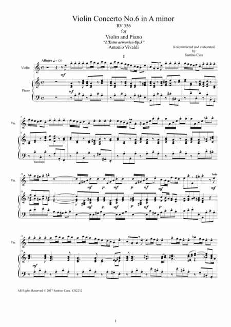 Vivaldi Violin Concerto No 6 In A Minor Rv 356 Op 3 For Violin And Piano Sheet Music