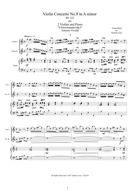 Vivaldi Violin Concerto No 8 In A Minor Rv 522 Op 3 For Two Violins And Piano Sheet Music