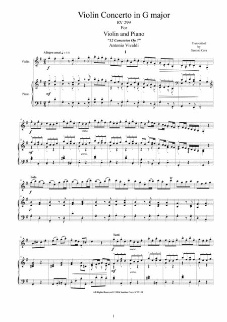 Vivaldi Violin Concerto No 8 In G Major Rv 299 Op 7 For Violin And Piano Sheet Music