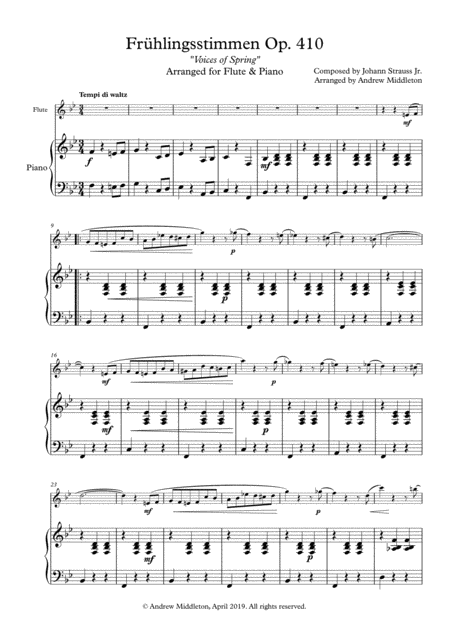 Free Sheet Music Voices Of Spring Arranged For Flute Piano
