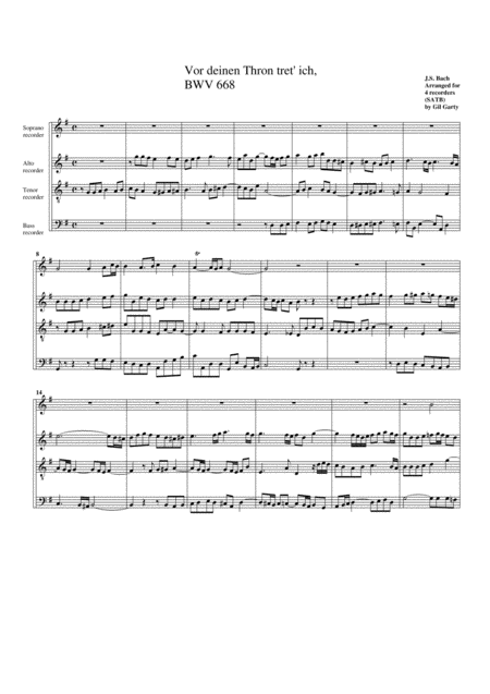 Free Sheet Music Vor Deinen Thron Tret Ich Bwv 668 Arrangement For 4 Recorders