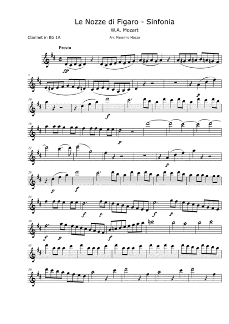 W A Mozart Le Nozze Di Figaro The Marriage Of Figaro Sinfonia For Clarinet Choir Set Of Parts Sheet Music