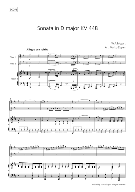 W A Mozart Sonata In D Major Kv 448 For 2 Flutes And Piano Sheet Music