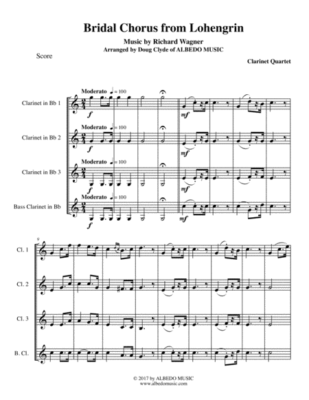 Free Sheet Music Wagner Bridal Chorus From Lohengrin For Clarinet Quartet
