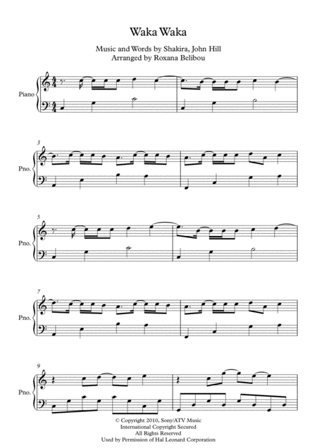 Waka Waka This Time For Africa C Major By Shakira Piano Sheet Music