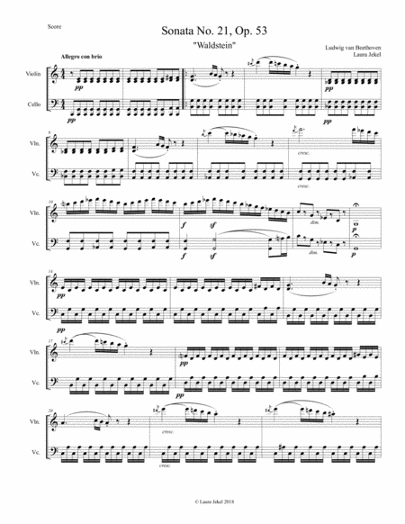 Waldstein Piano Sonata 1st Movement For Violin And Cello Duet Sheet Music