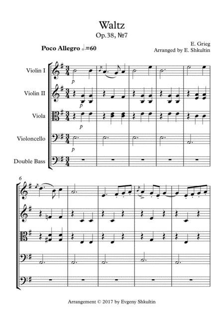 Waltz From Lyric Pieces Op 38 7 String Quartet Ensemble Sheet Music