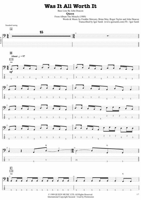 Was It All Worth It Queen John Deacon Complete And Accurate Bass Transcription Whit Tab Sheet Music