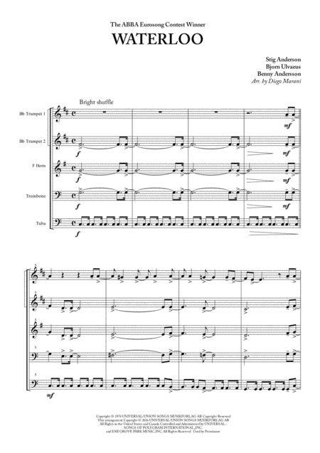 Waterloo By Abba For Brass Quintet Sheet Music