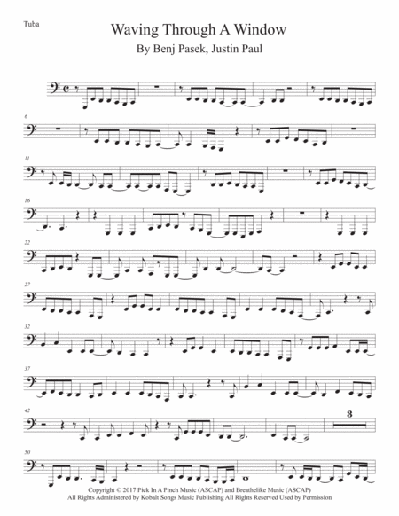 Waving Through A Window Easy Key Of C Tuba Sheet Music