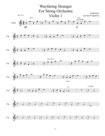 Free Sheet Music Wayfaring Stranger For String Orchestra Violin 1 Arr Neal Fitzpatrick